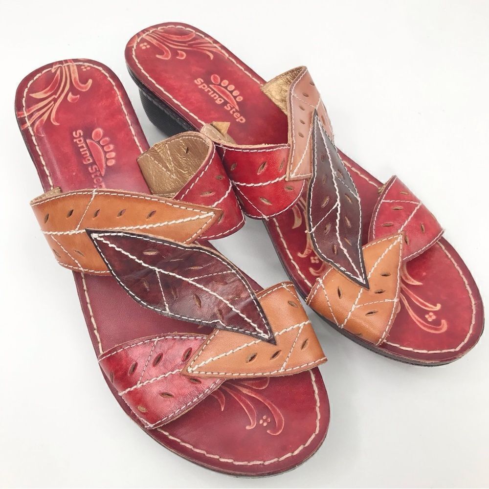 Spring Step Azalea Red Brown Laser Cut Leaf Whimsical Wedge Heel Open Toe Sandal
